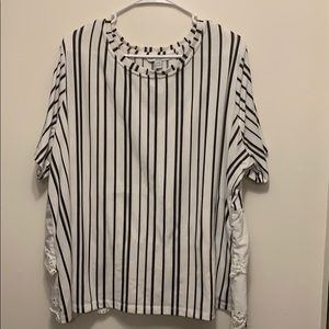 White and blue Striped blouse with Lacey material